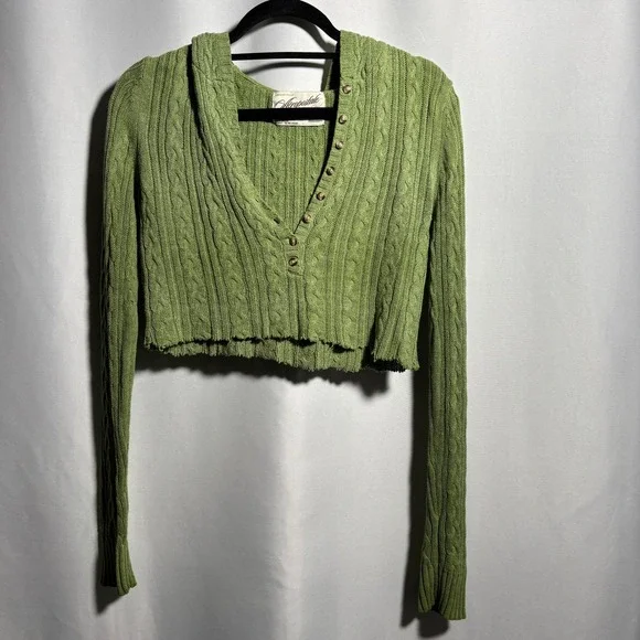 Aeropostale Green Cable Knit Hoodie Cropped Button Sweater M VTG Y2K Grunge SEE - Picture 1 of 7